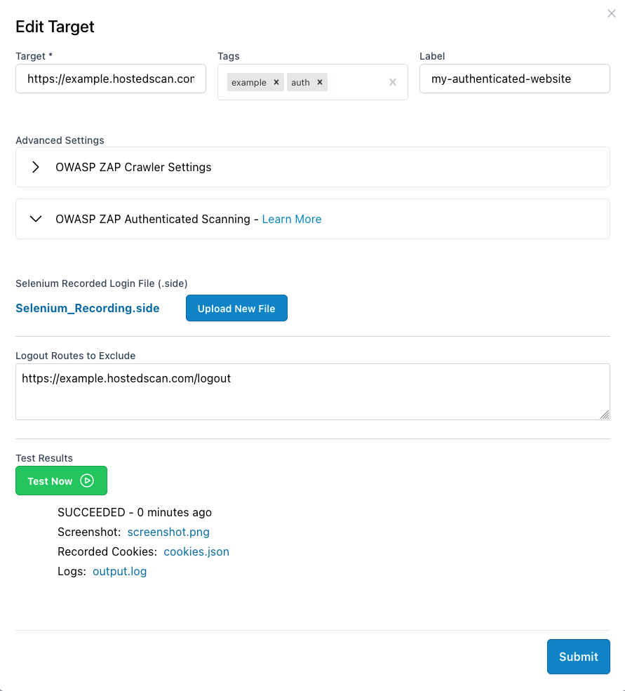 Step 2. Upload Selenium script and associate with Target.