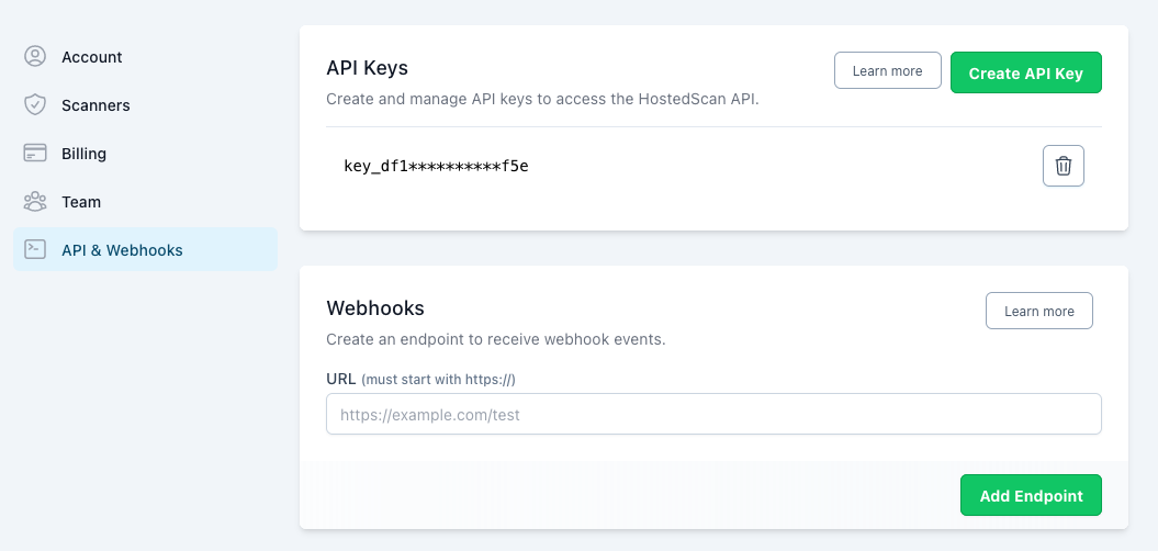 Step 1. Create a HostedScan API key