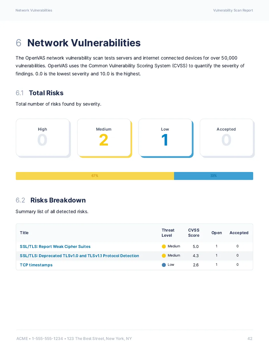 Network vulnerabilities page of the sample report