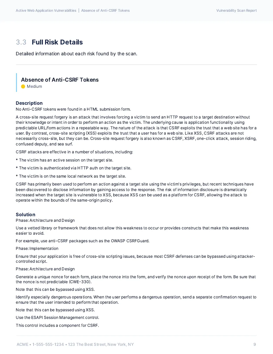 Full risk details page of the sample report
