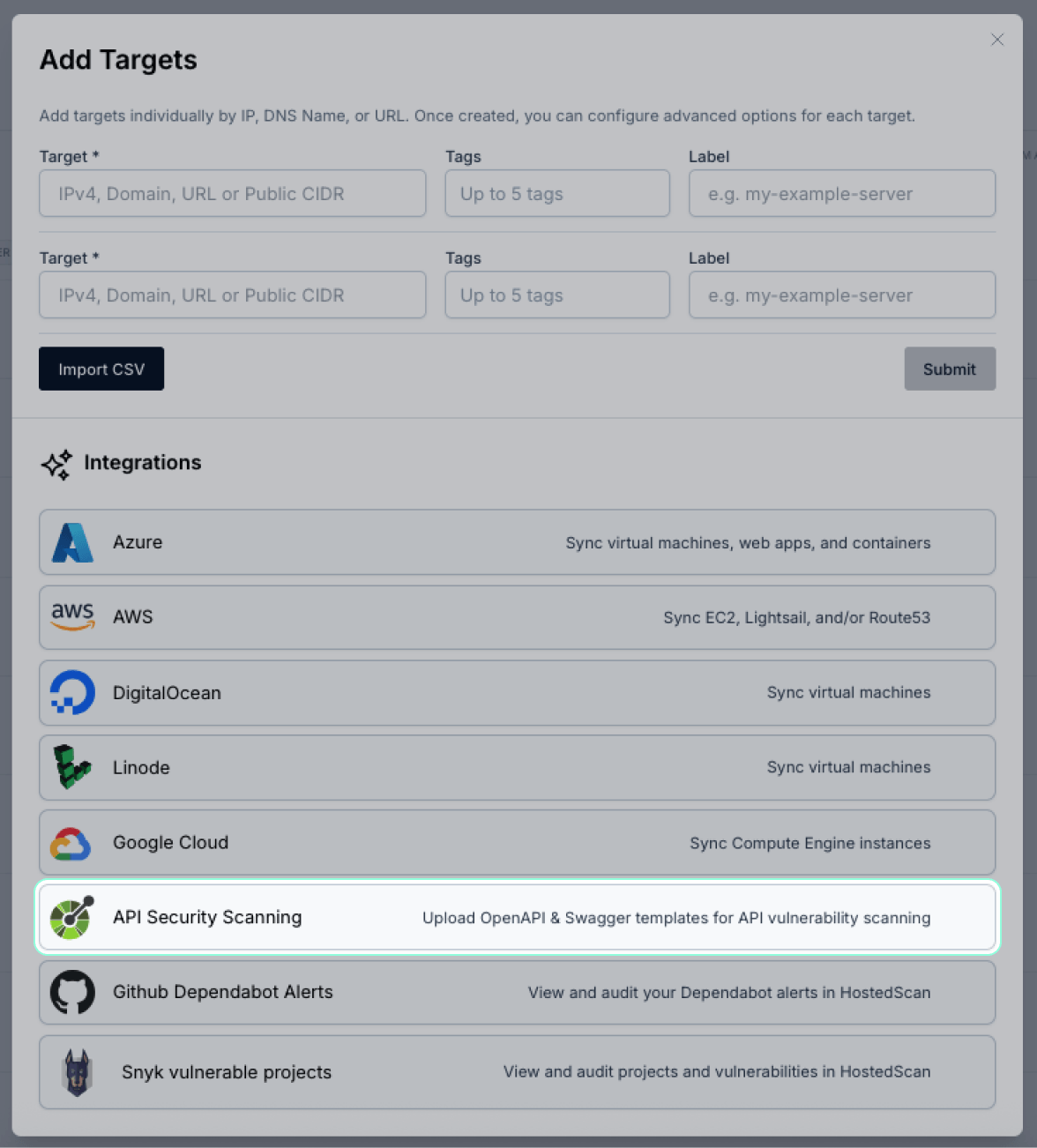 Add Targets dialog showing the available import integrations