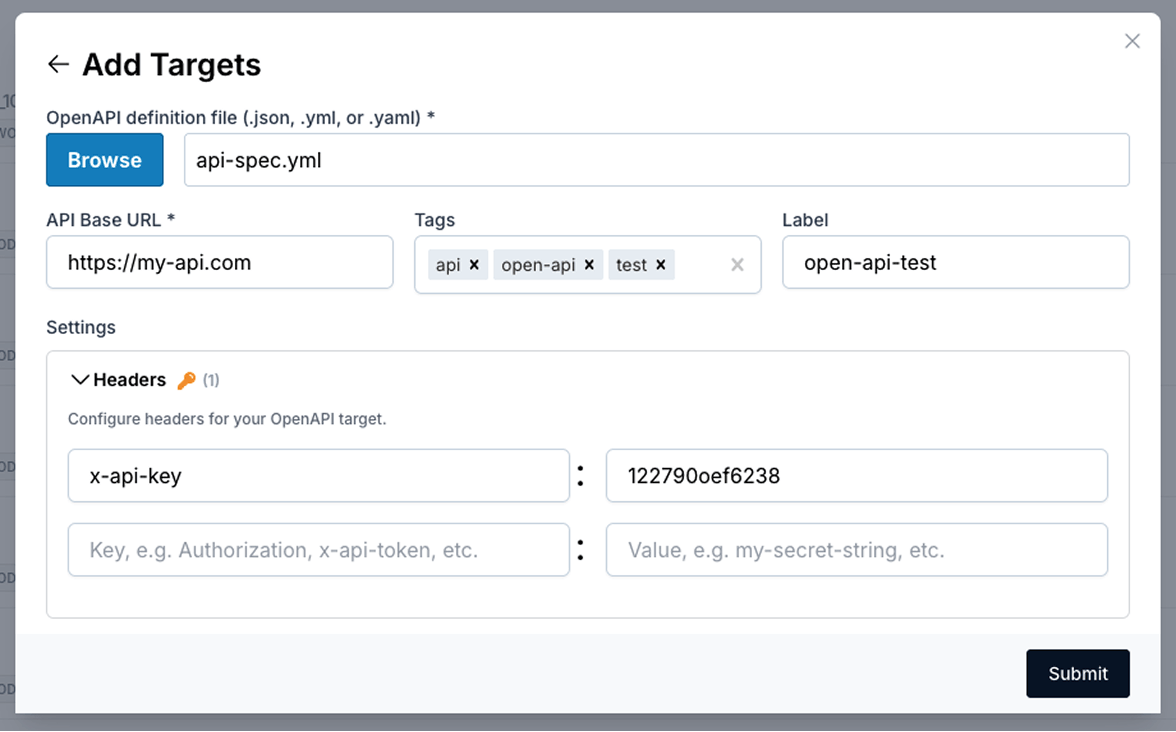 Import from OpenAPI form with fields for the definition file, base URL, and authentication headers