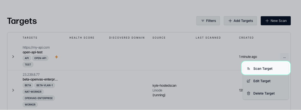 Targets list with the newly created API target
