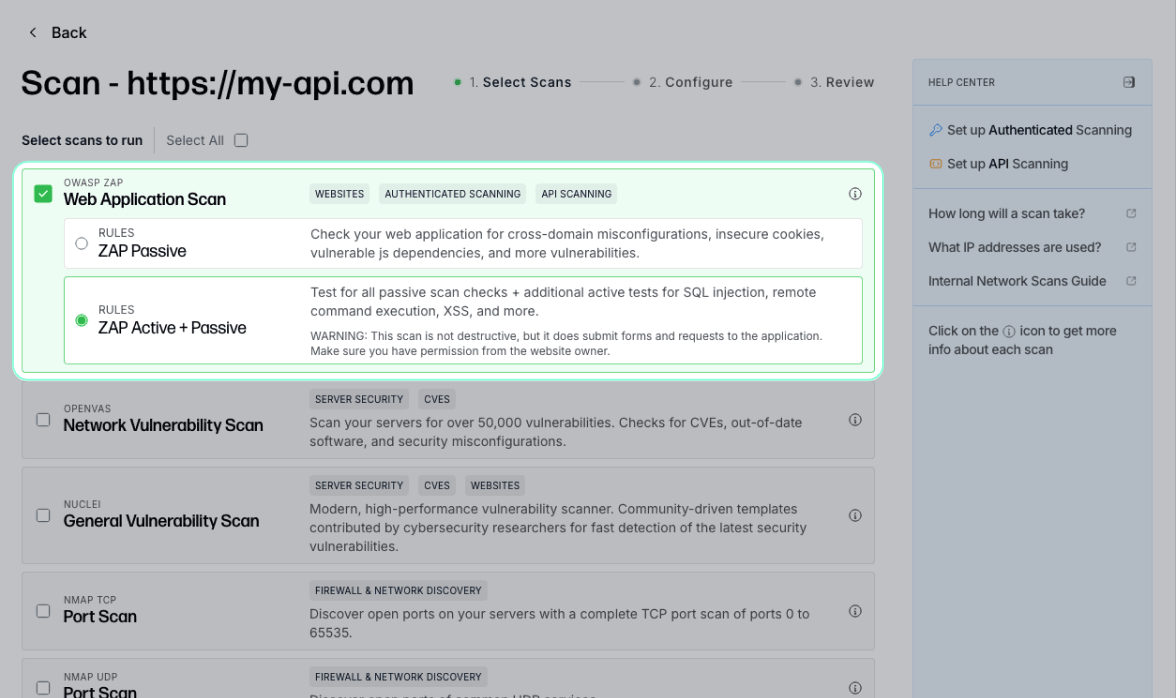 New Scan dialog with the OWASP ZAP Active scan option selected