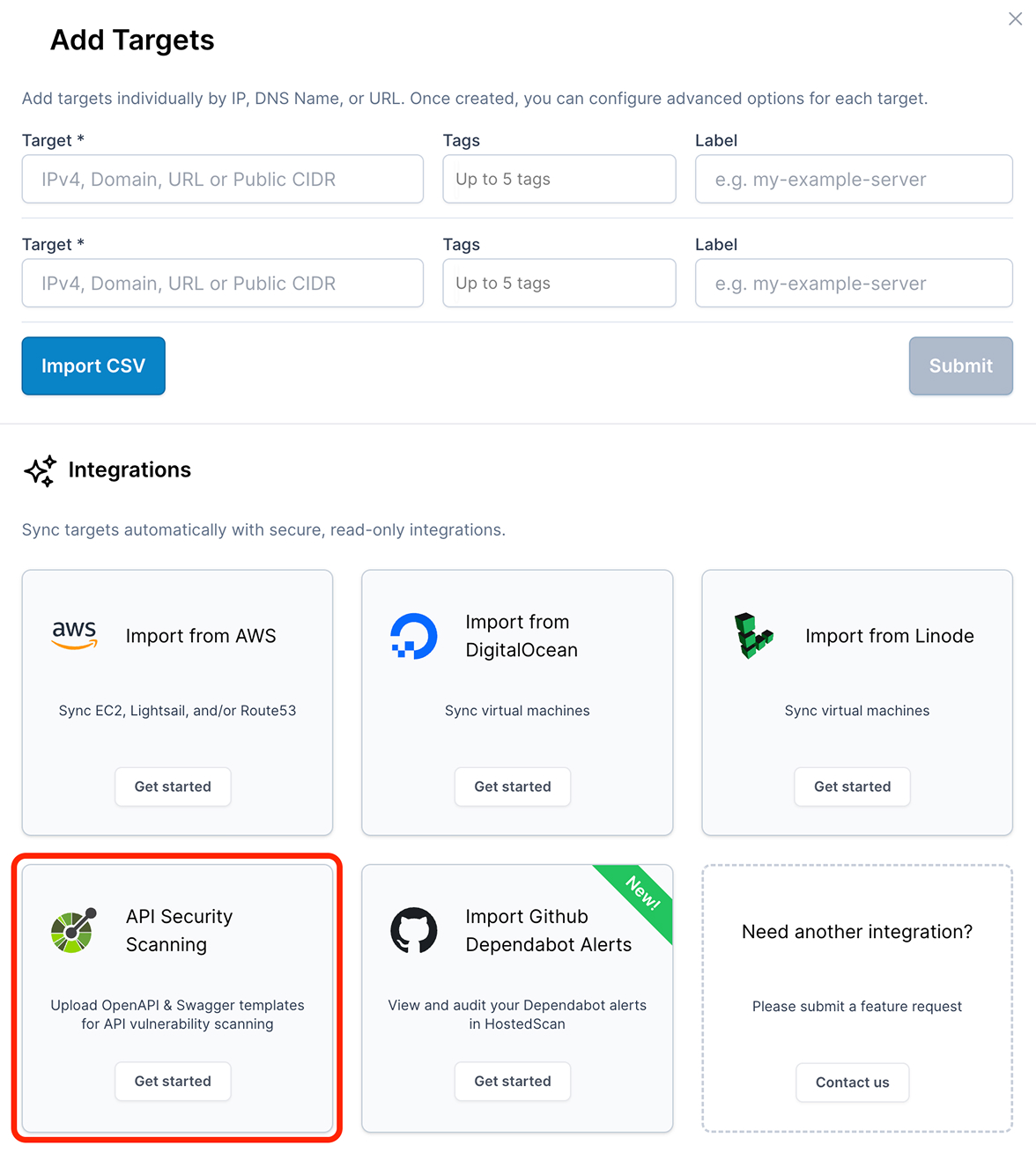 Add Targets dialog showing the available import integrations