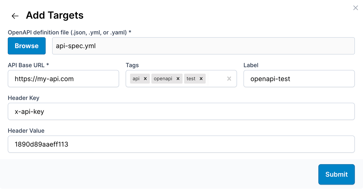 Import from OpenAPI form with fields for the definition file, base URL, and authentication headers