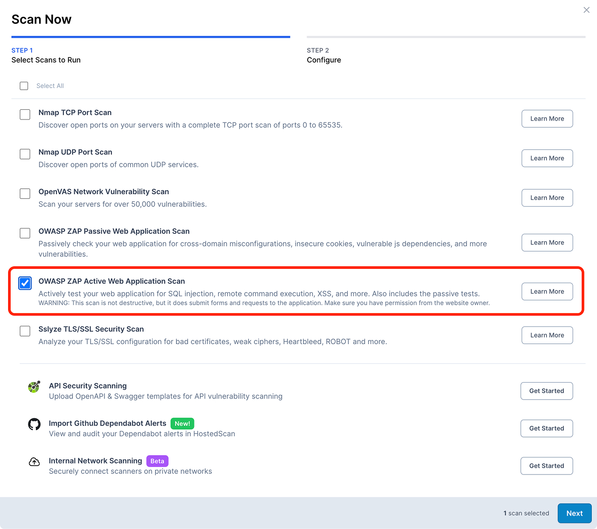 New Scan dialog with the OWASP ZAP Active scan option selected