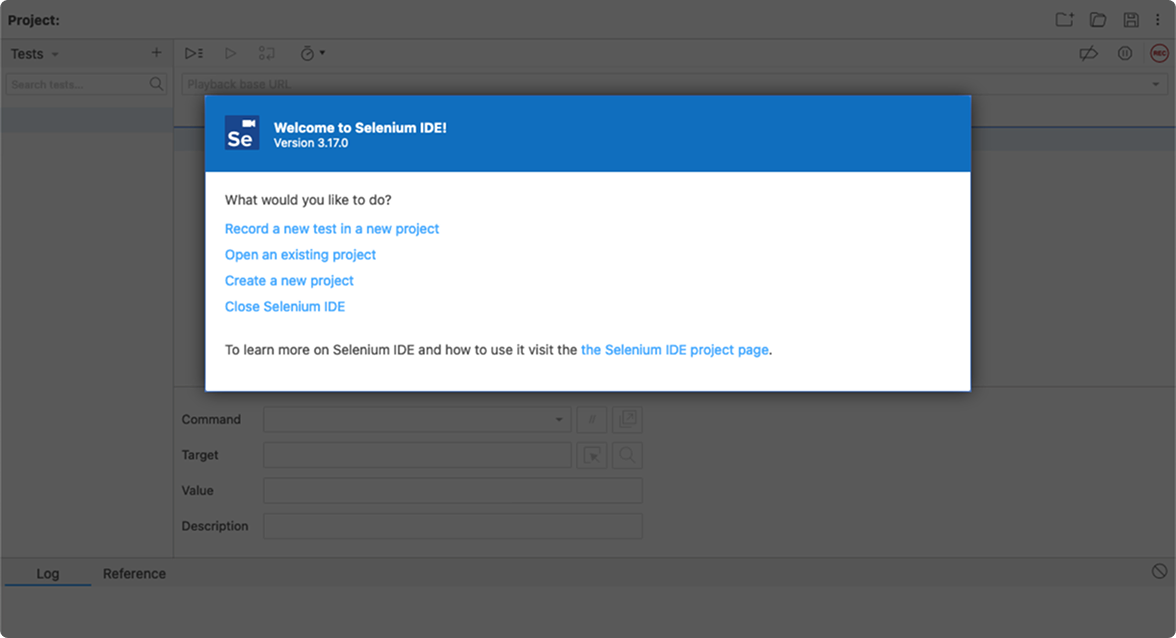 Selenium IDE welcome dialog with the option to record a new test in a new project