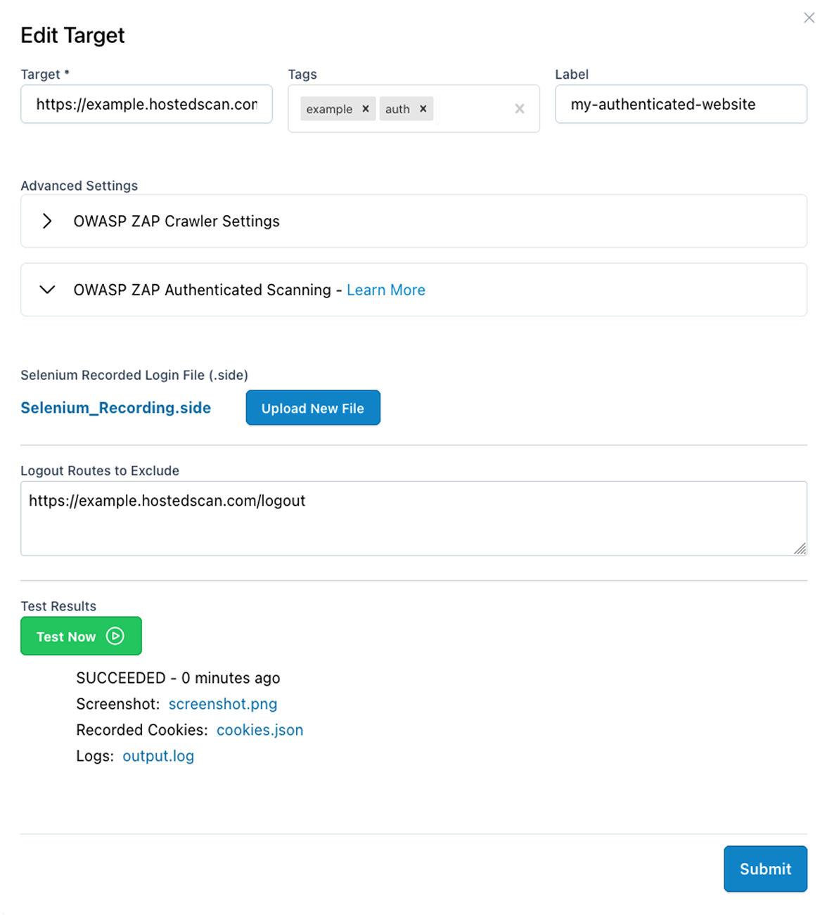 HostedScan Edit Target dialog with the uploaded Selenium recording, the logout routes to exclude, and a successful test result