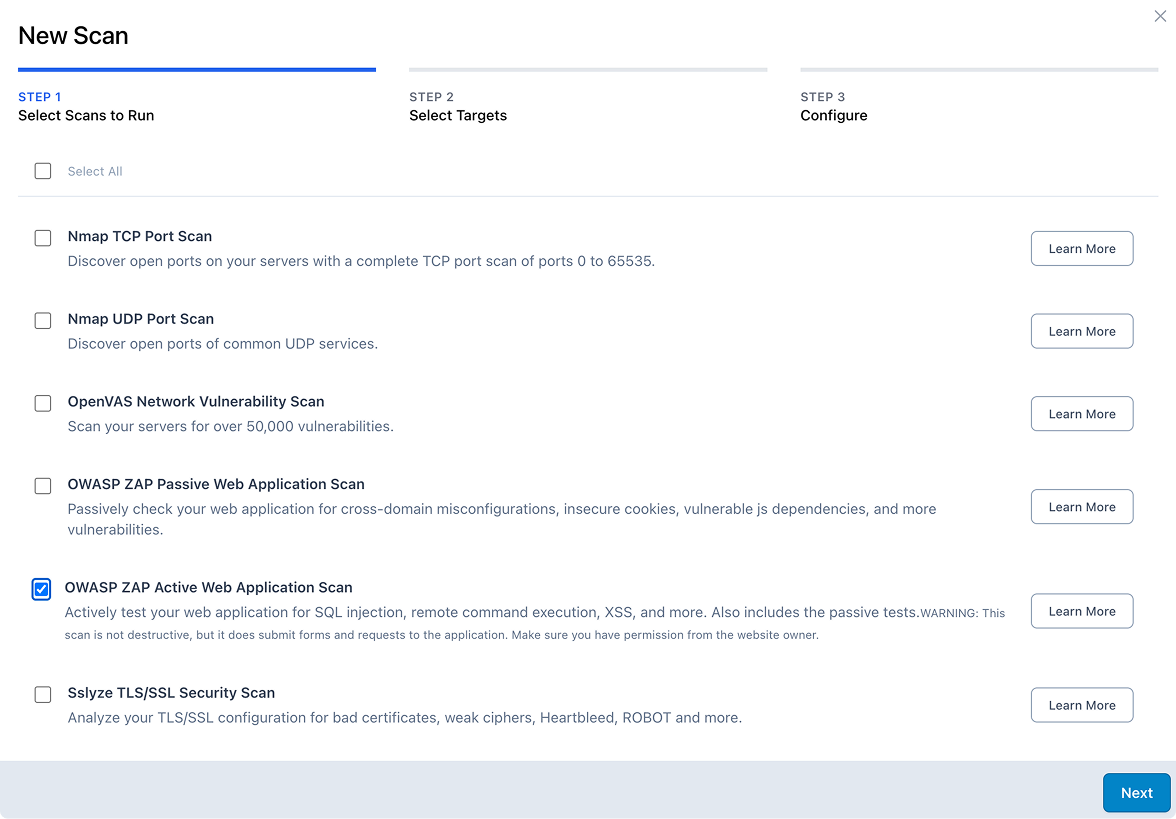 New Scan dialog with the OWASP ZAP Active Web Application Scan option selected