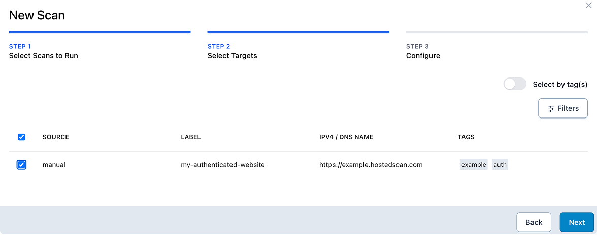 New Scan target list with the authenticated website target selected