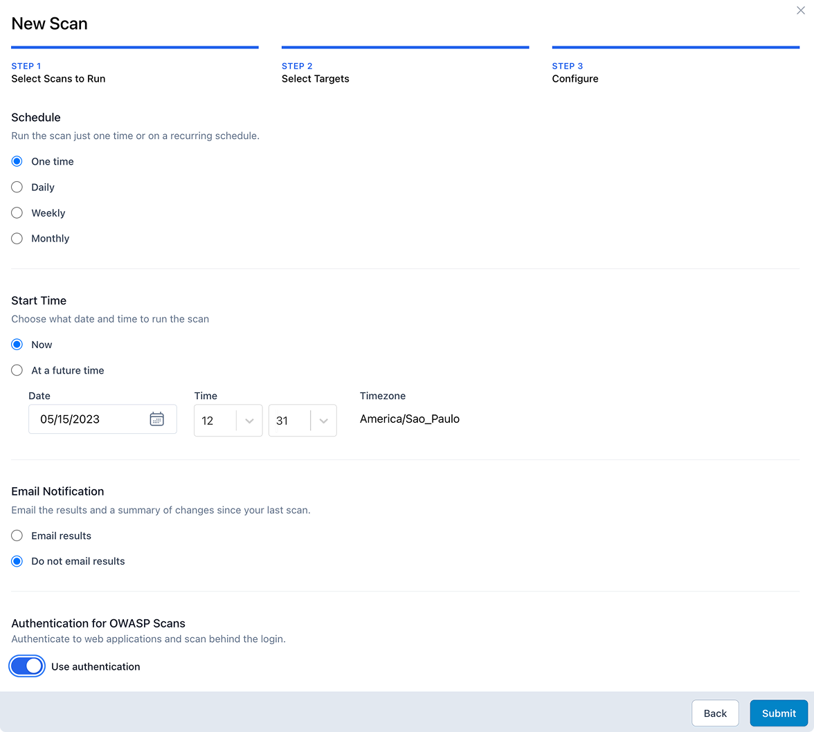 New Scan configure step showing the schedule, email notification, and Use authentication settings