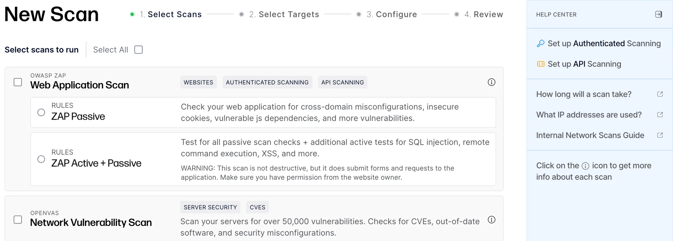 HostedScan new scan step listing the OWASP ZAP, OpenVAS, Nuclei, Nmap, and SSLyze scanners