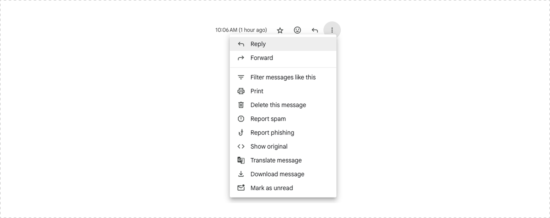 Gmail email actions menu with the "Show original" option