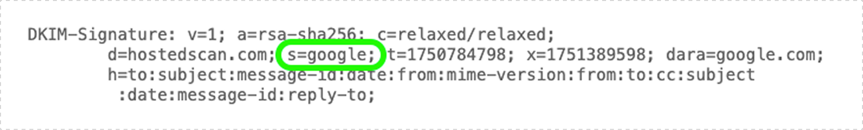 Email header showing the DKIM-Signature line with the s=google selector highlighted