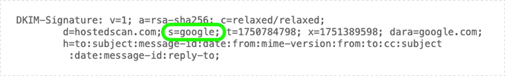 Email header showing the DKIM-Signature line with the s=google selector highlighted