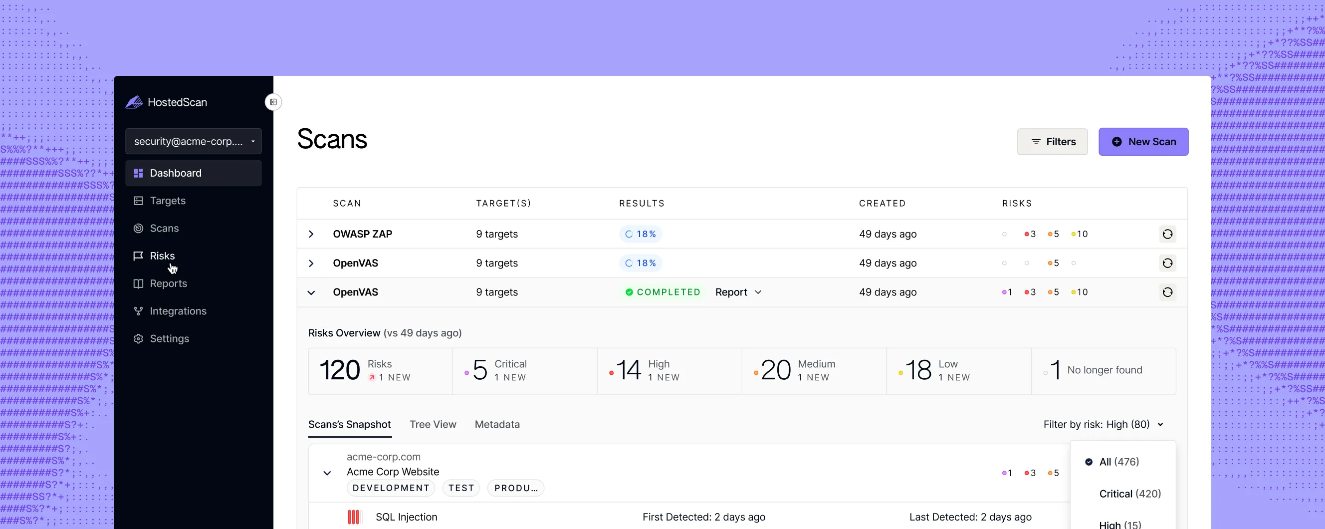 HostedScan scans list showing OWASP ZAP and OpenVAS scan results, a risks overview counting critical, high, medium and low risks, and a scan snapshot of detected risks such as SQL Injection